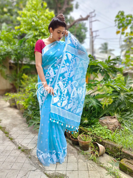 Buy Sky Blue White Resham Cotton Jamdani Saree - Sada Megher Vela – Resham  Suti