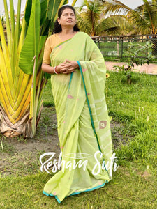 Green Apple Handwoven Cotton Jamdani Saree - Shobuj Ghera Gram