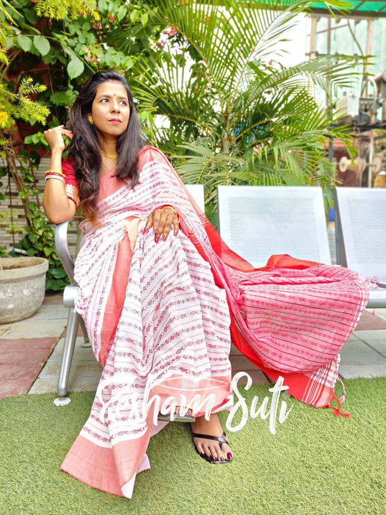 Begampuri Cotton Red White Saree - Sharanya – Resham Suti
