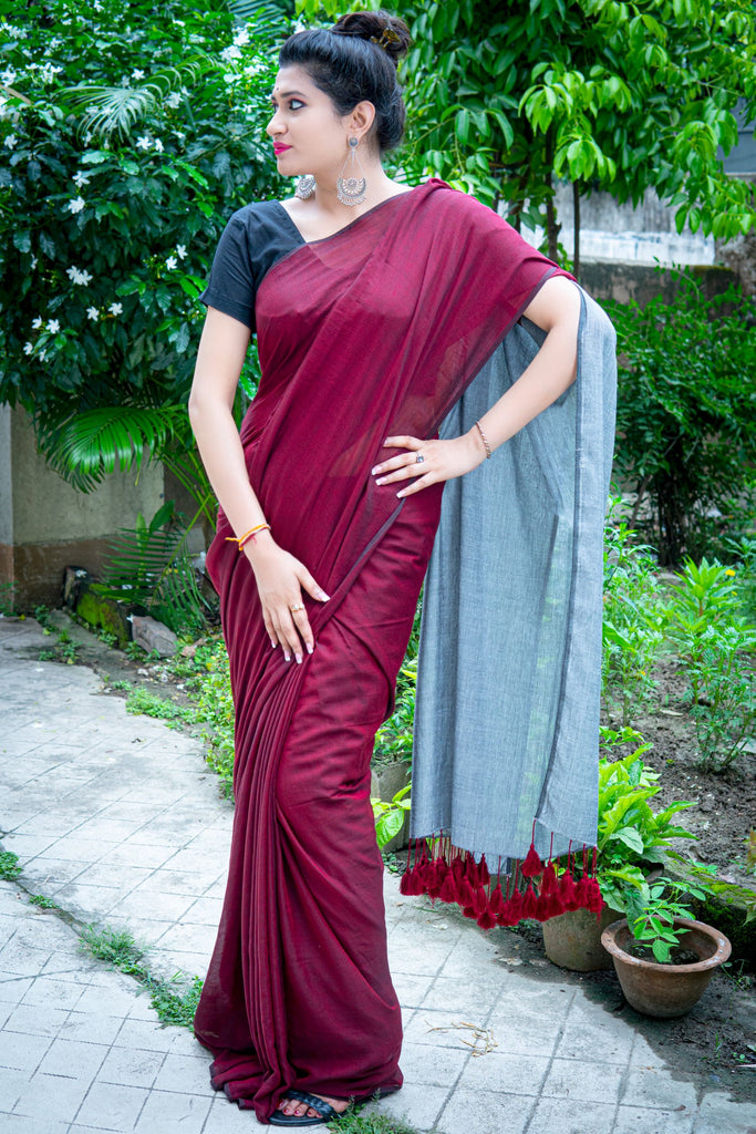 maroon soft lycra with pleated pallu one minute saree - Vairagee - 3760182