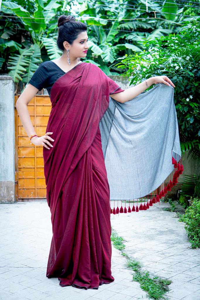 Dalliance Maroon Soft Banarasi Silk Saree With Moiety Blouse
