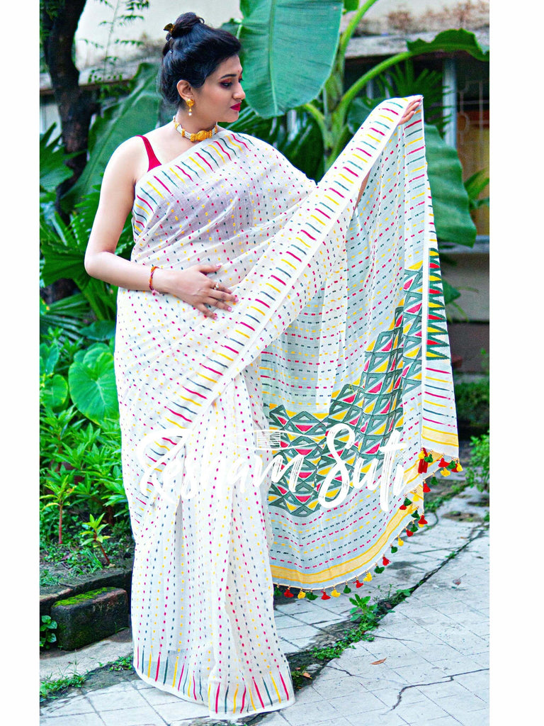 Woven Cotton Silk Soft Minakari Dhakai Jamdani Saree. (White, Red - Aishani  collection