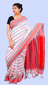 Begampuri Cotton Red White Saree - Red Paprika and Black Olives