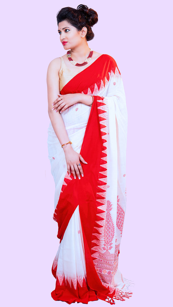 Classic khadi cotton saree in bengali style with white body & red border  saree - Aditri - 3292334