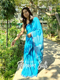 Aqua Blue White Handwoven Cotton Jamdani Saree - Aasman Ke Pare