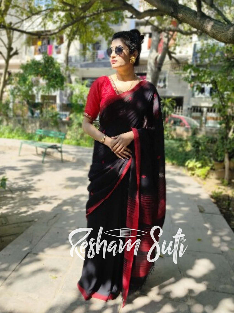 CHARUKRITI Allover Zari Weaving Black Jamdani Saree with Unstitched Bl –  Nykaa Fashion