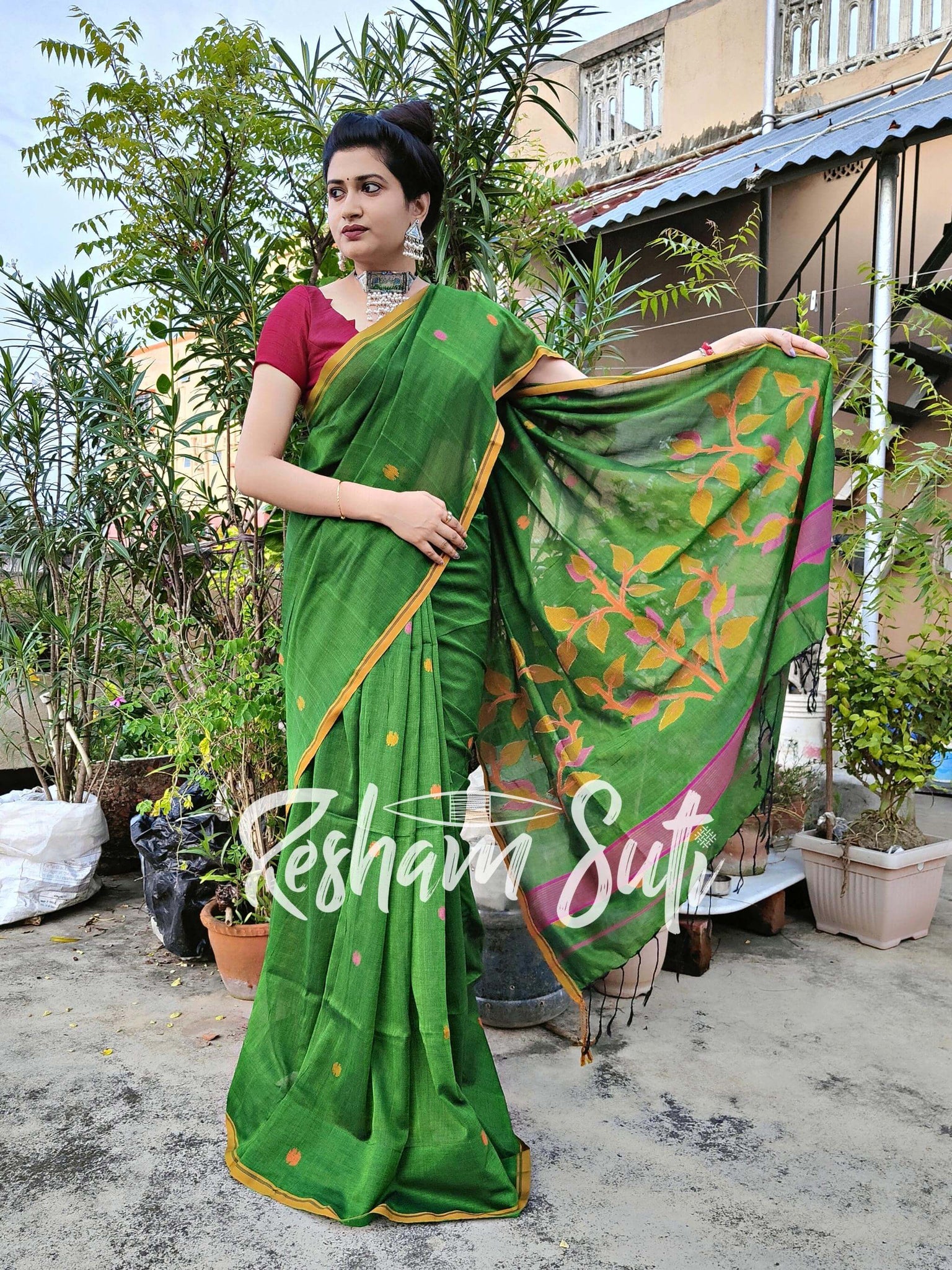Handwoven Cotton Jamdani Pallu Green Saree - Piya Man Bhaye