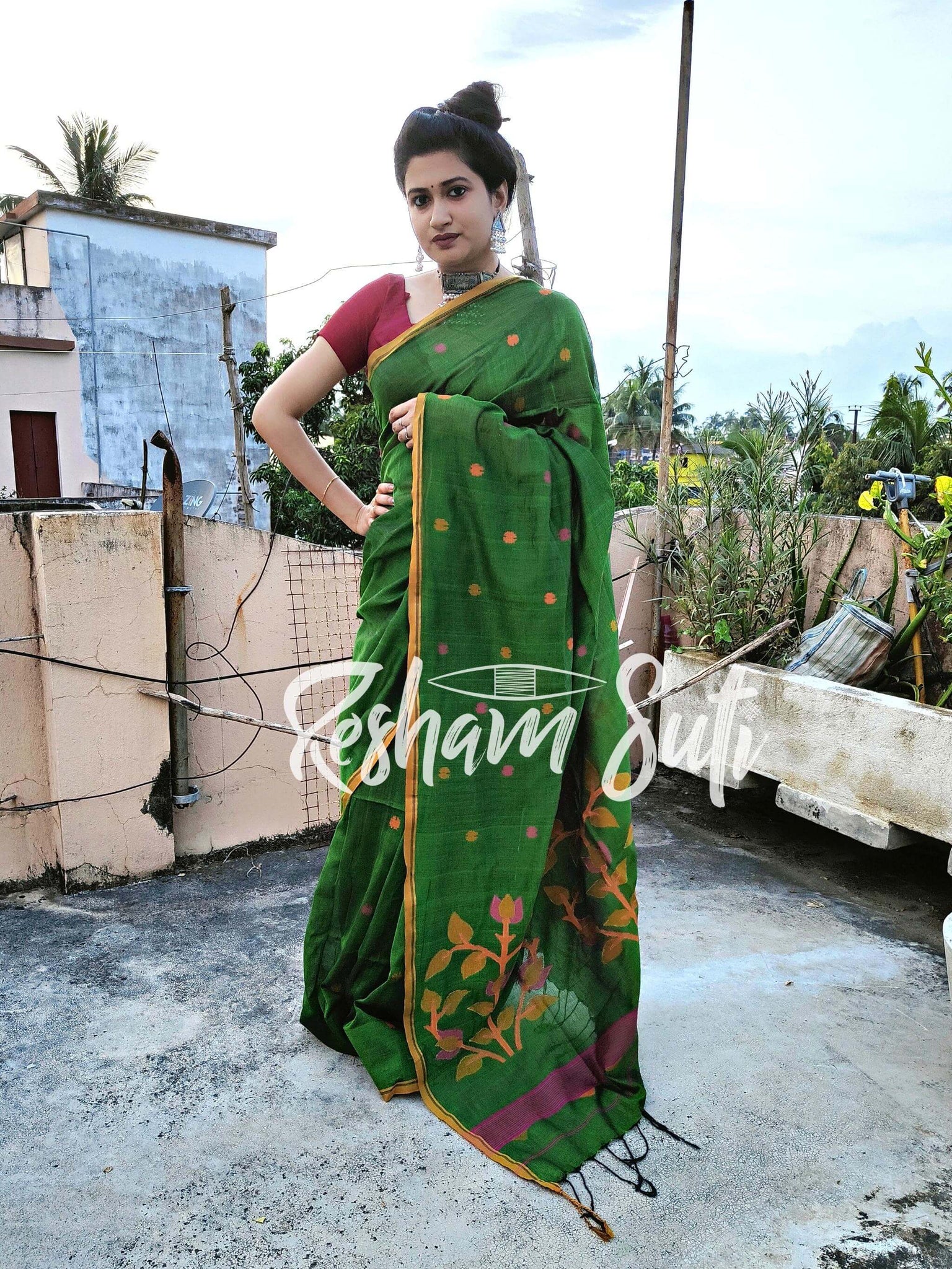 Handwoven Cotton Jamdani Pallu Green Saree - Piya Man Bhaye