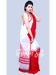Handwoven Cotton Mahapar Red White Saree - Girija