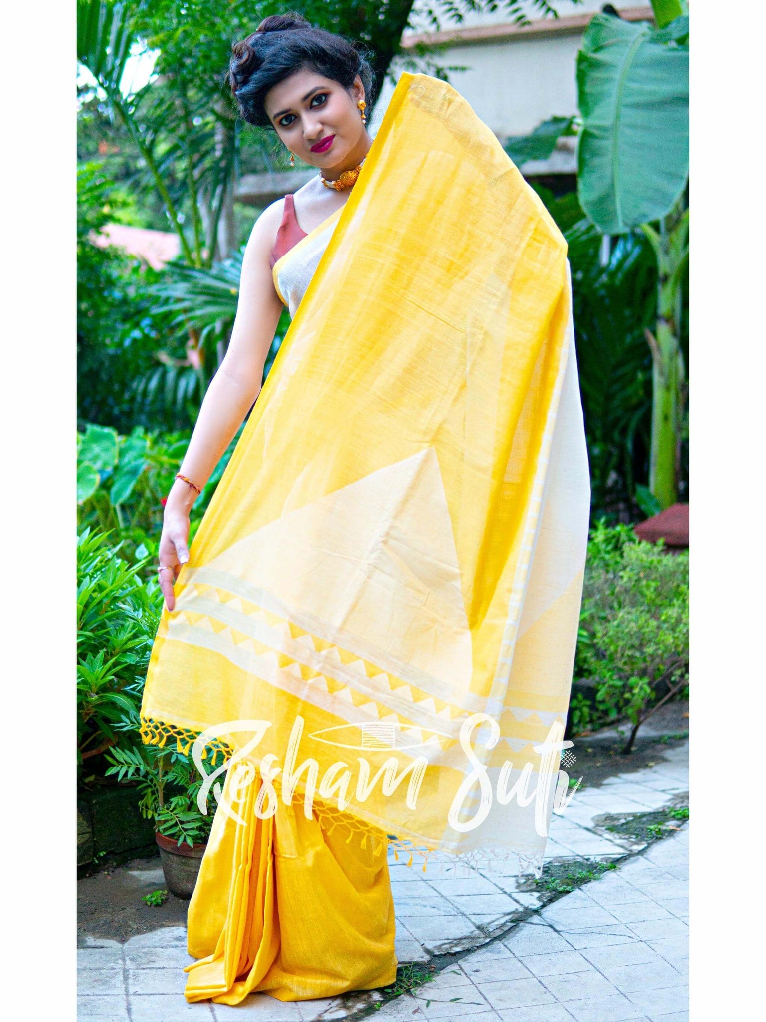 Handwoven Cotton Mahapar Yellow White Saree - Palash Priya