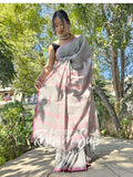 Grey Pink Handwoven Cotton Jamdani Saree - Mitti Ke Phool