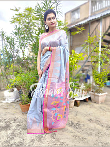 Blue Pink Matka Jamdani Saree - Roopkatha