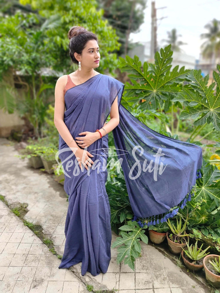 Blended Cotton Saree with Woven Zari Stripes & Tassles, Royal blue, SR –  Scarlet Thread