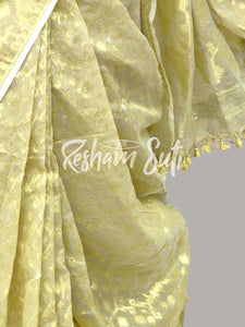 Sage Green Gold Resham Cotton Jamdani Saree - Shaola
