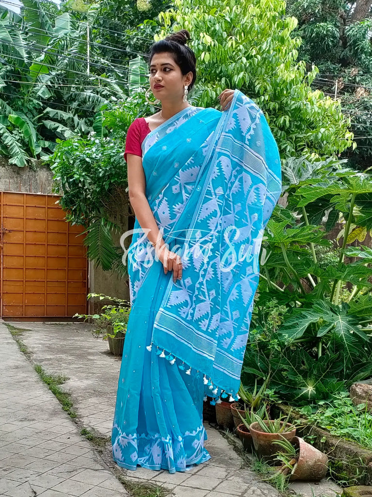 Sky Blue Hand Bird Printed Mulmul Cotton Saree | trendwati